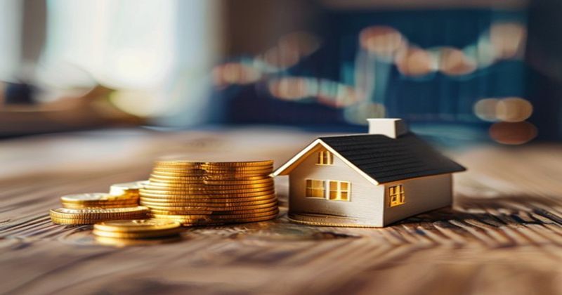 Stack of gold coins beside a miniature house model on wooden