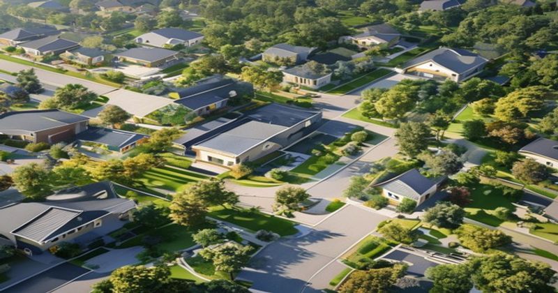 Modern US suburban neighborhood aerial view with housing con