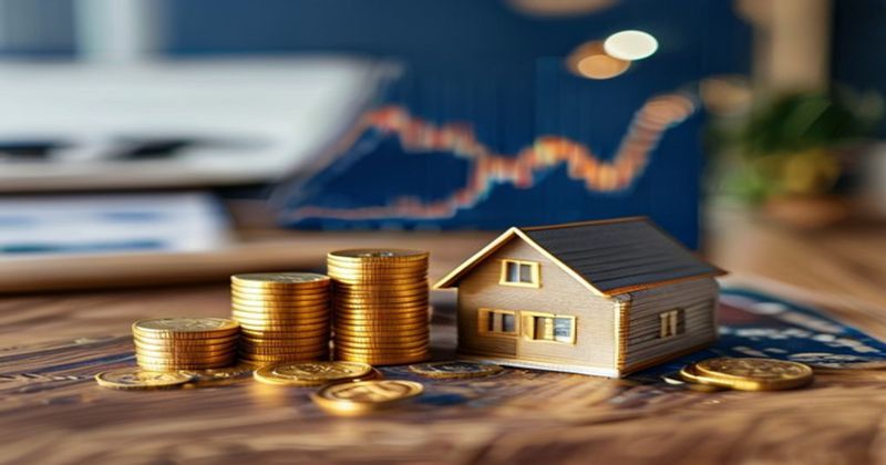 Stack of gold coins next to a miniature house model on a woo