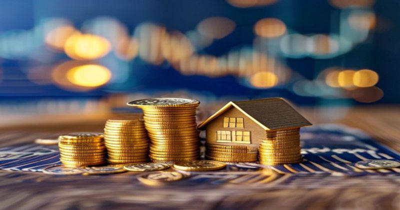Stack of gold coins and miniature house model on wooden tabl