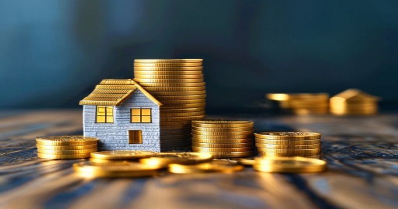 Stack of gold coins beside a small model house on a wooden t