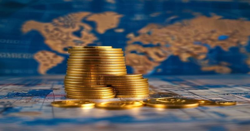 Stack of gold coins next to miniature house model on wooden 