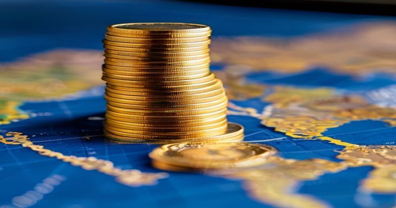 Stack of gold coins beside a miniature house model on a map 