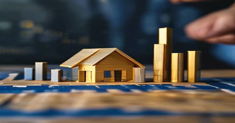 Bar chart and growth graph concept with miniature house mode