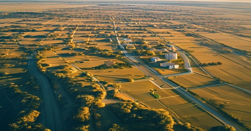 Aerial drone view of vast American prairies with new housing