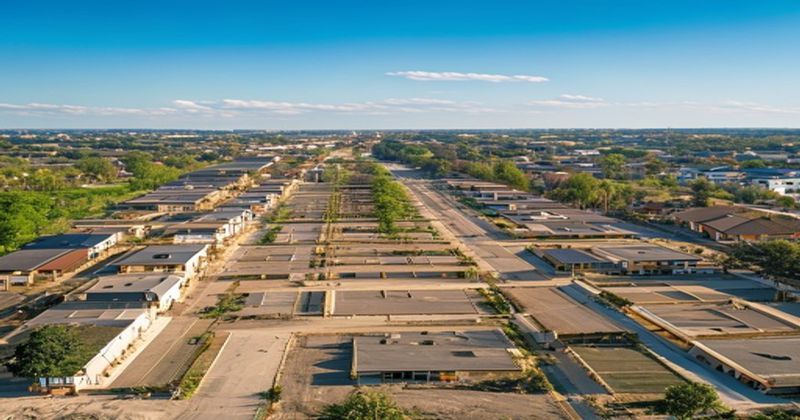 Wide aerial view of a large American suburban housing develo