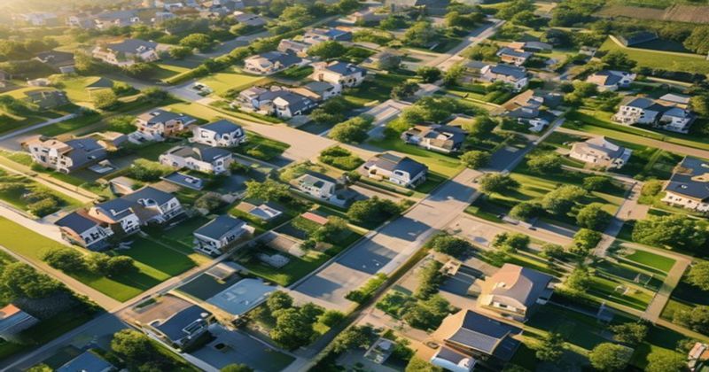 Aerial view of a growing American suburban neighborhood with