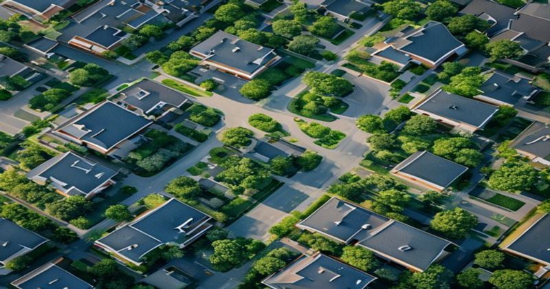 Aerial view of completed American suburban neighborhood with