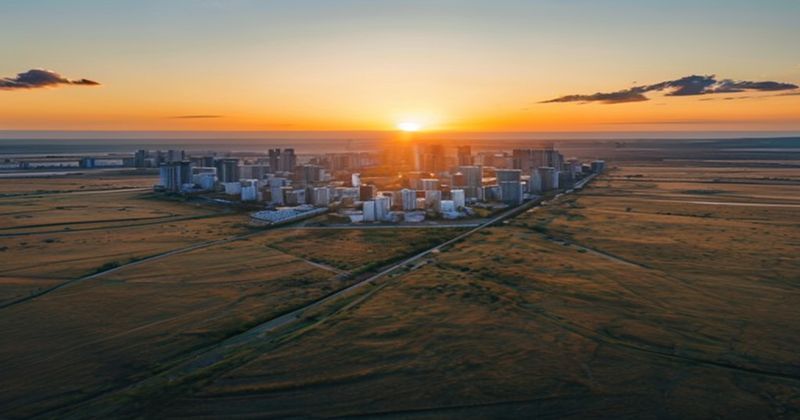 Aerial panoramic view of Canadian prairie landscape near Cal