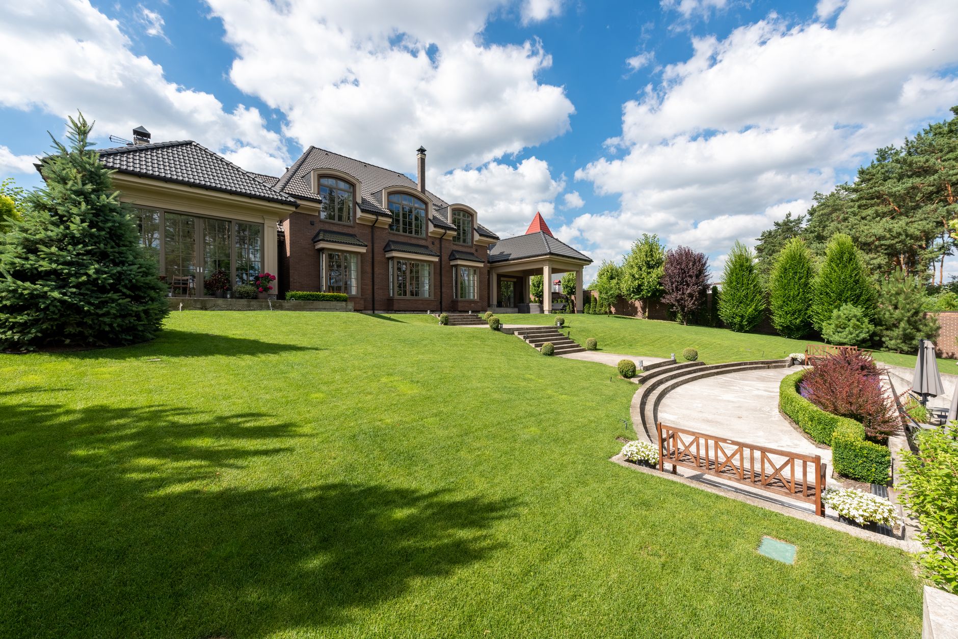 Wide aerial shot of American suburban housing development ex