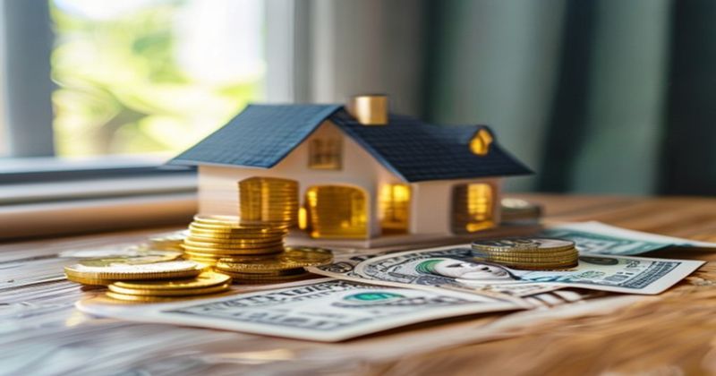 Stack of gold coins beside a miniature house model on a wood