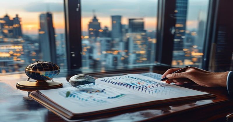 Elegant mature investor reviewing portfolio documents at a p